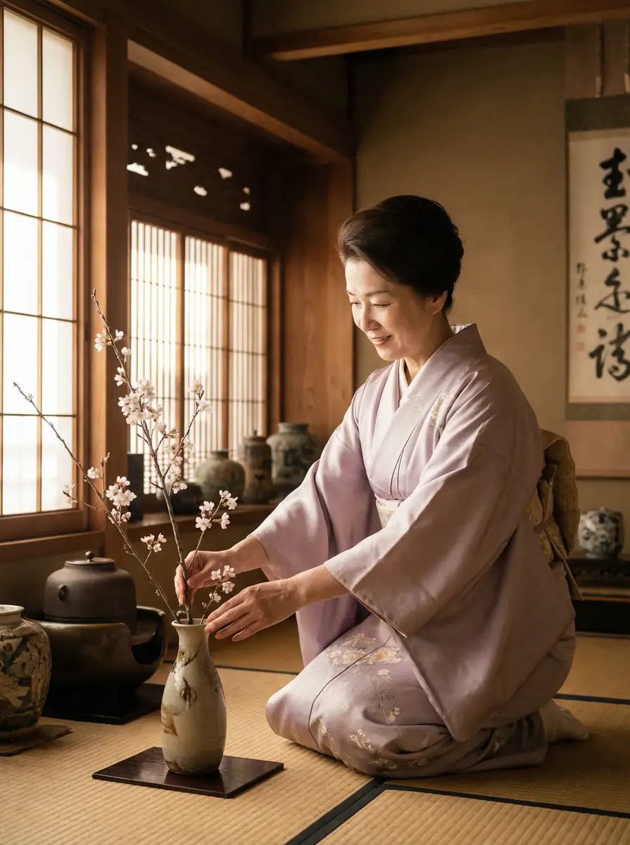 一位优雅的 188体育平台 在和室中插花