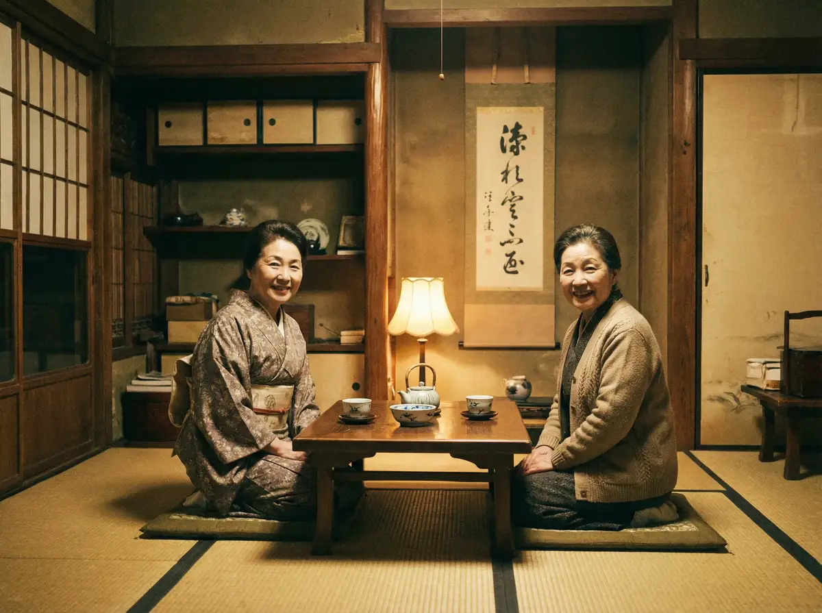 两位优雅的 188体育平台 在日式茶室中品茶交谈